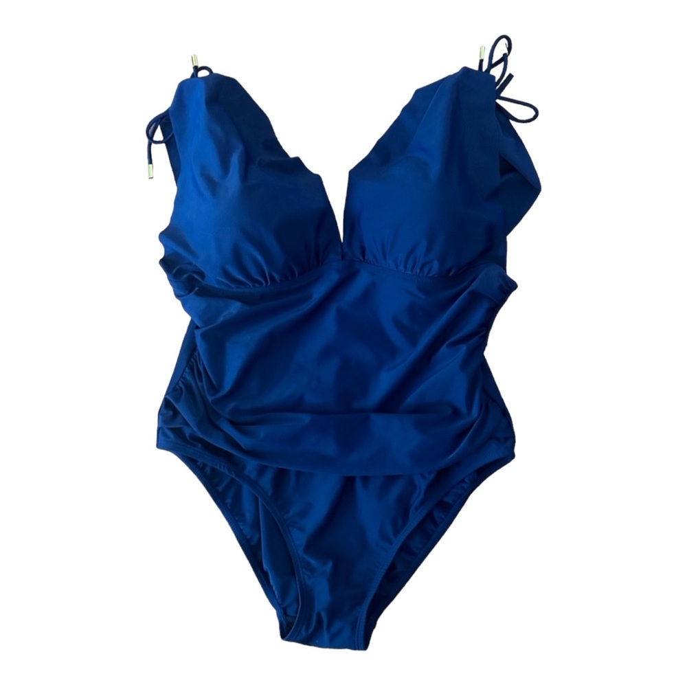 Shore Shapes One Piece Swimsuit Sz 16 Navy Blue Ruched Straps Summer Swimwear T…